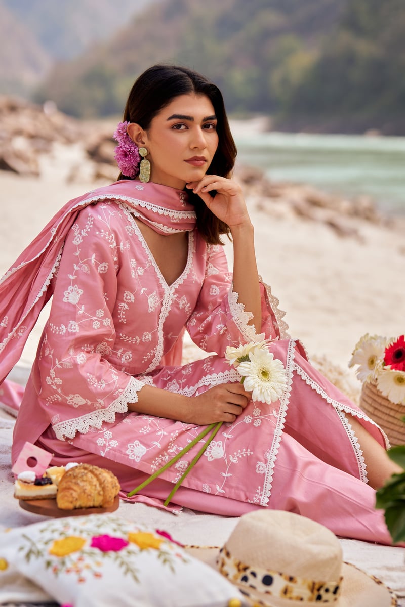 Pink Cotton Embroidered Kurta Set with Lace Trim