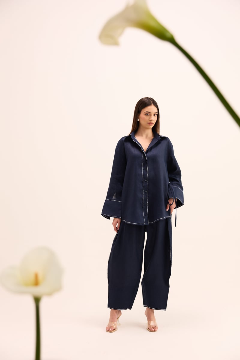 Blue Linen Shirt and Balloon Pants Co-ord Set