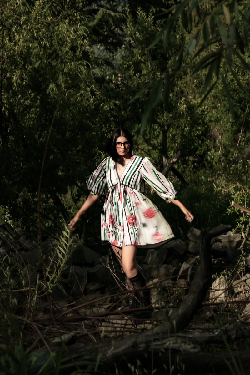 White/Green Striped Printed Puff Sleeve Mini Dress
