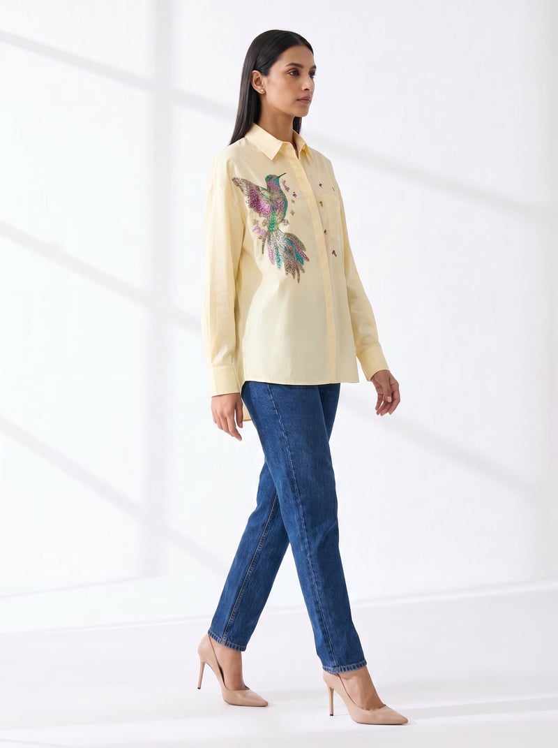 Pastel Yellow Embroidered Button-Down Cotton Shirt