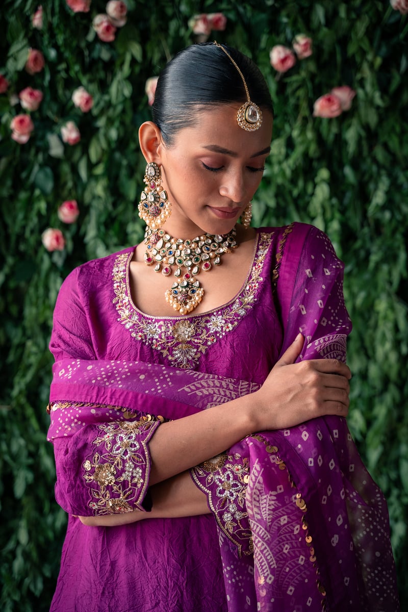 Mauve Crushed Silk Embroidered Kurta Set with Dupatta