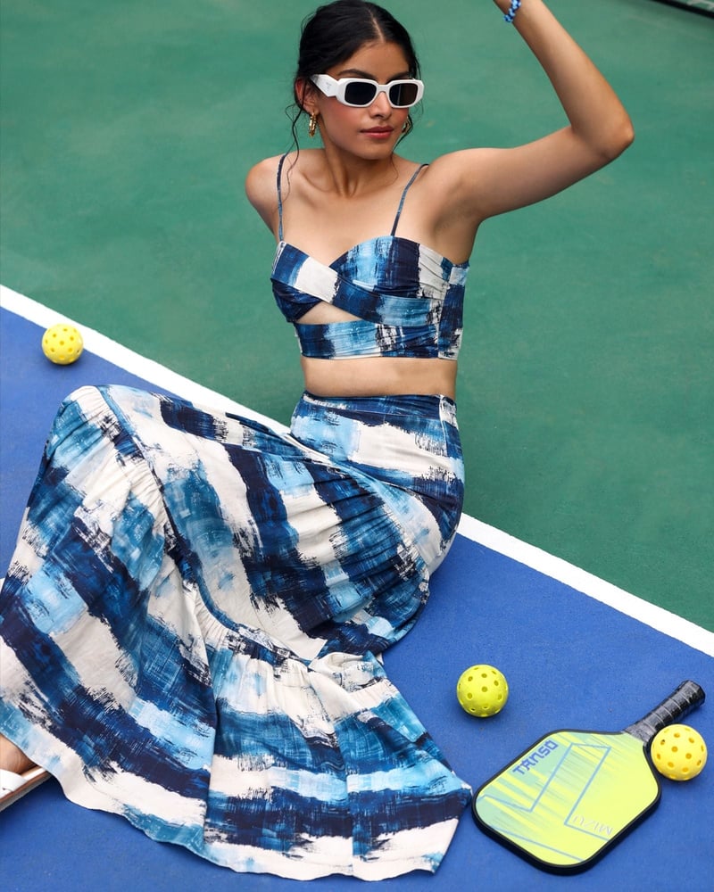 Blue and White Printed Crop Top and Maxi Skirt Co-ord Set