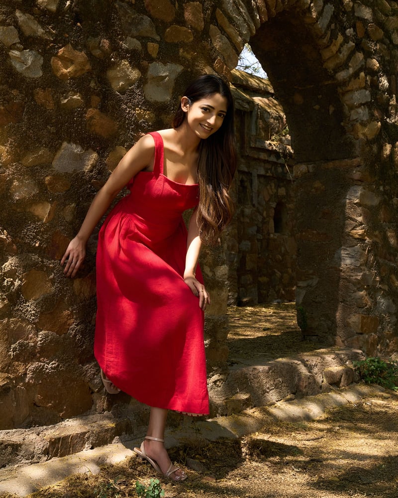 Red Linen Drop-Waist Gathered Midi Dress