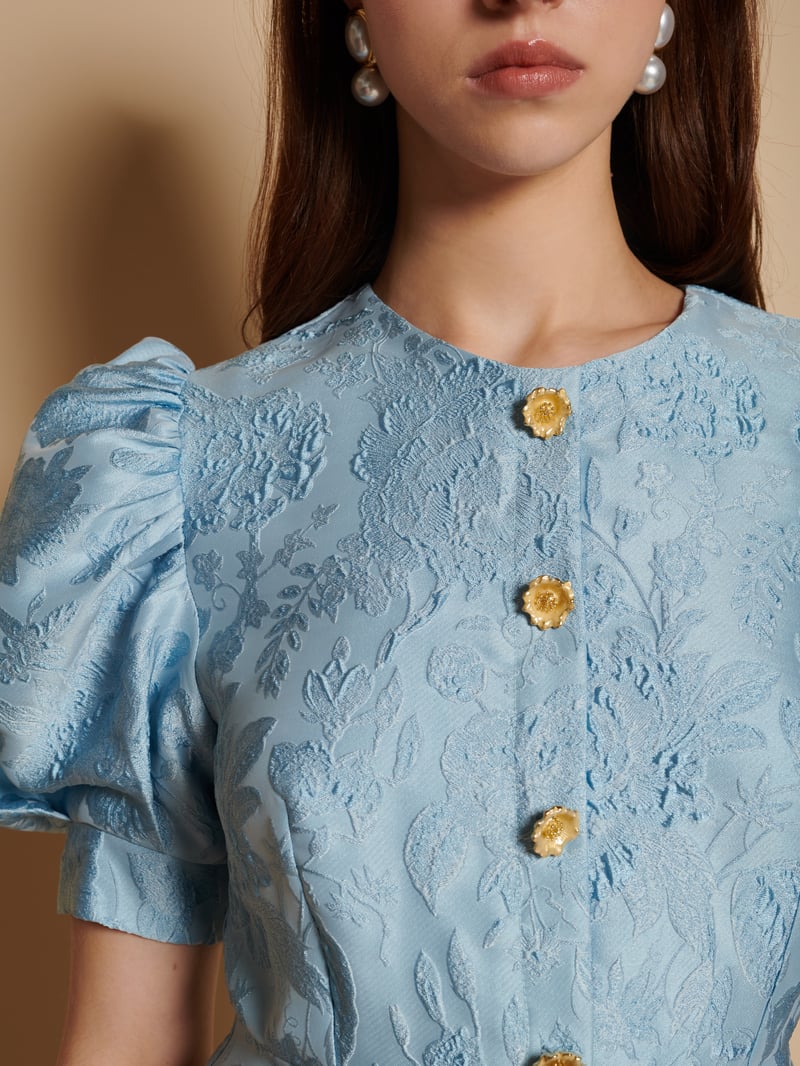 Blue Floral Jacquard Puff Sleeve Mini Dress