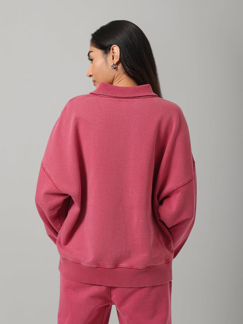 Red Cotton Terry Collared Sweatshirt with Diagonal Zip