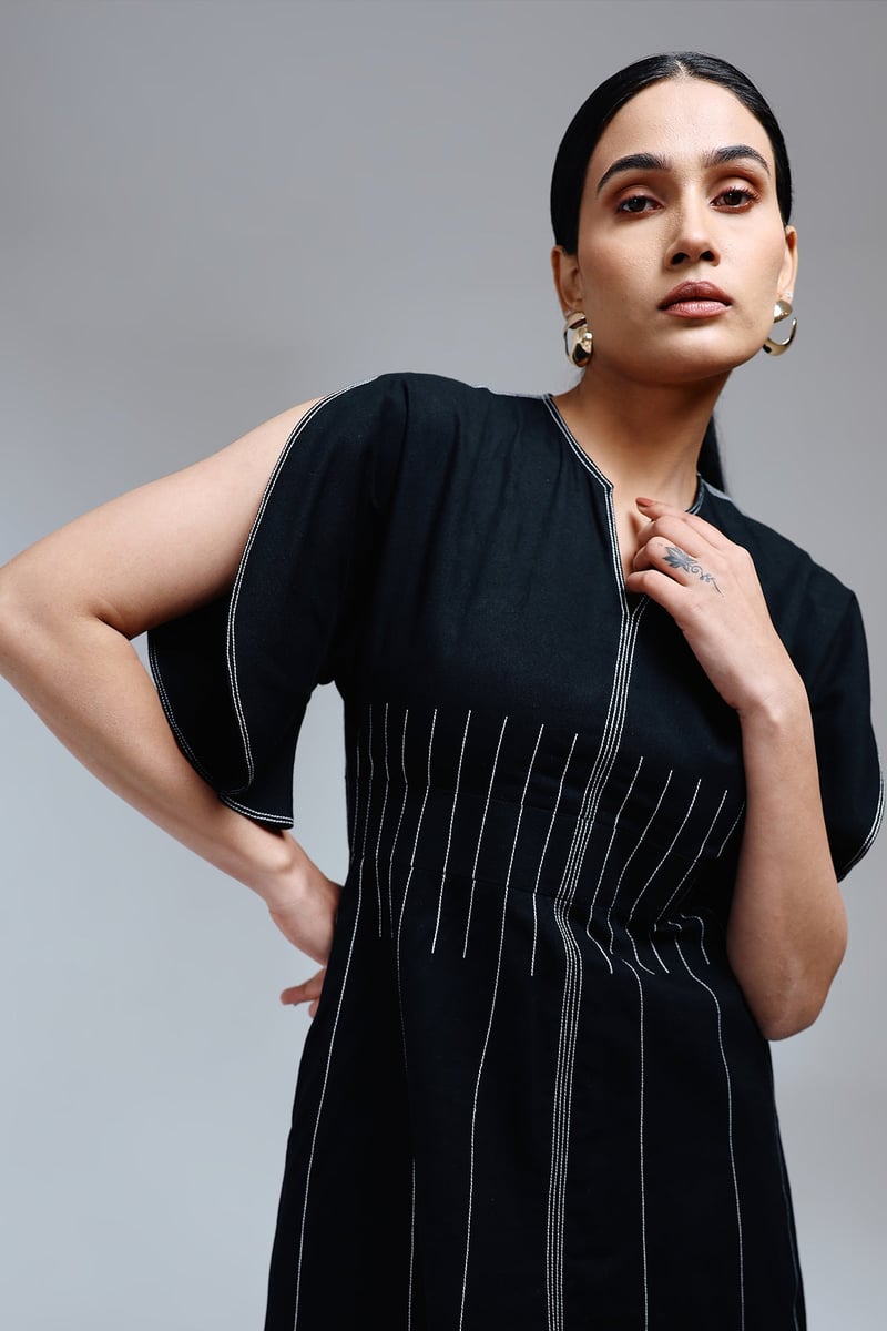 Black A-Line Midi Dress with Cape Sleeves