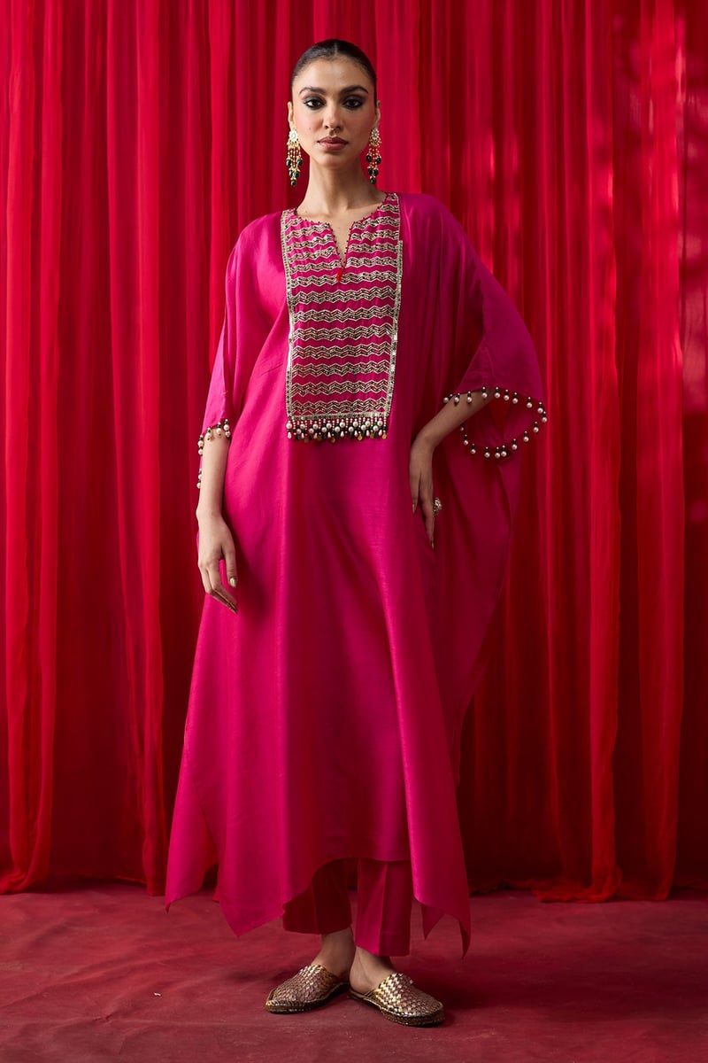Hot Pink Silk Chanderi Embroidered Kaftan Set