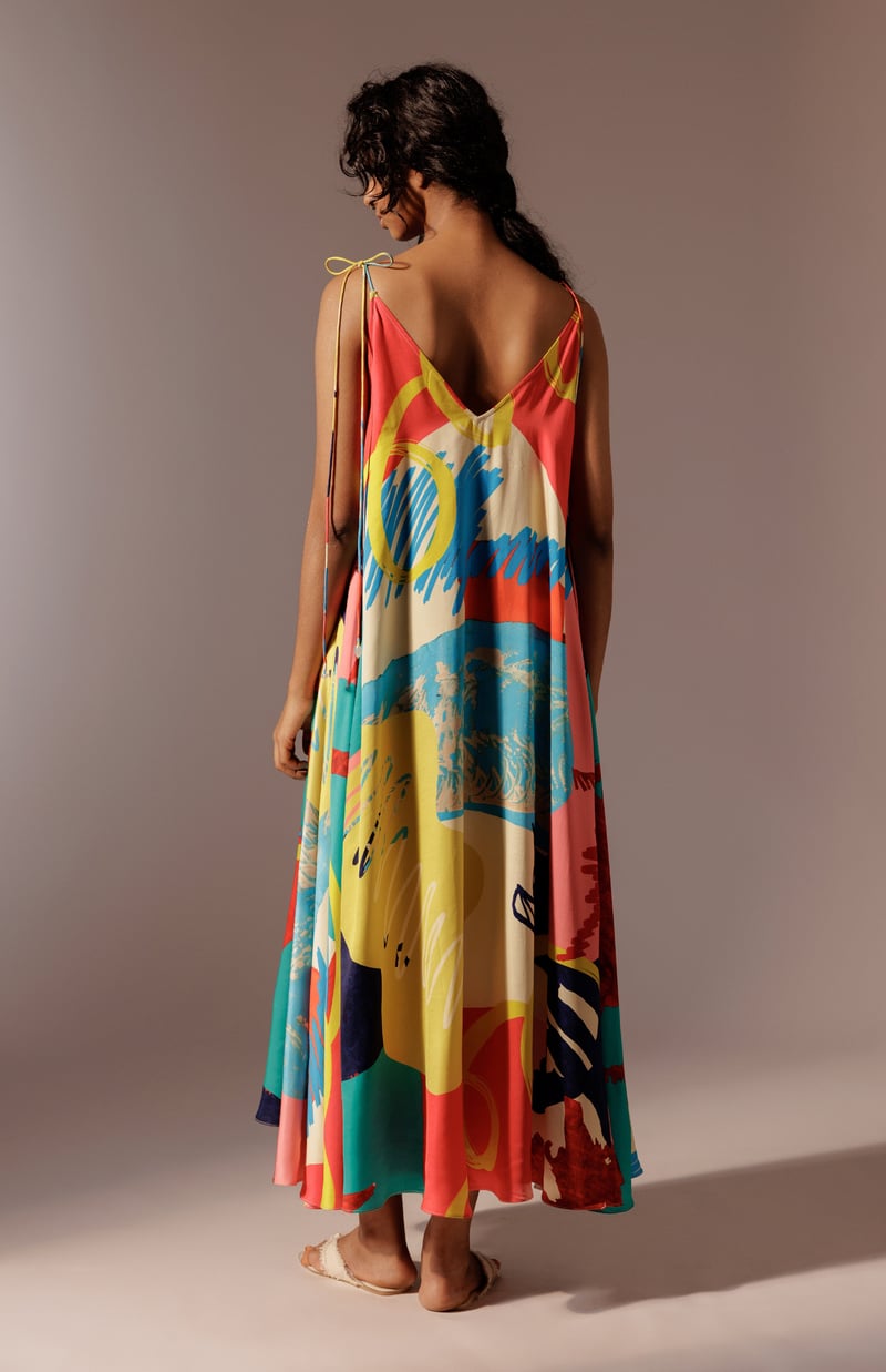 Multicolor Abstract Print Tie-Up Strap Satin Maxi Dress
