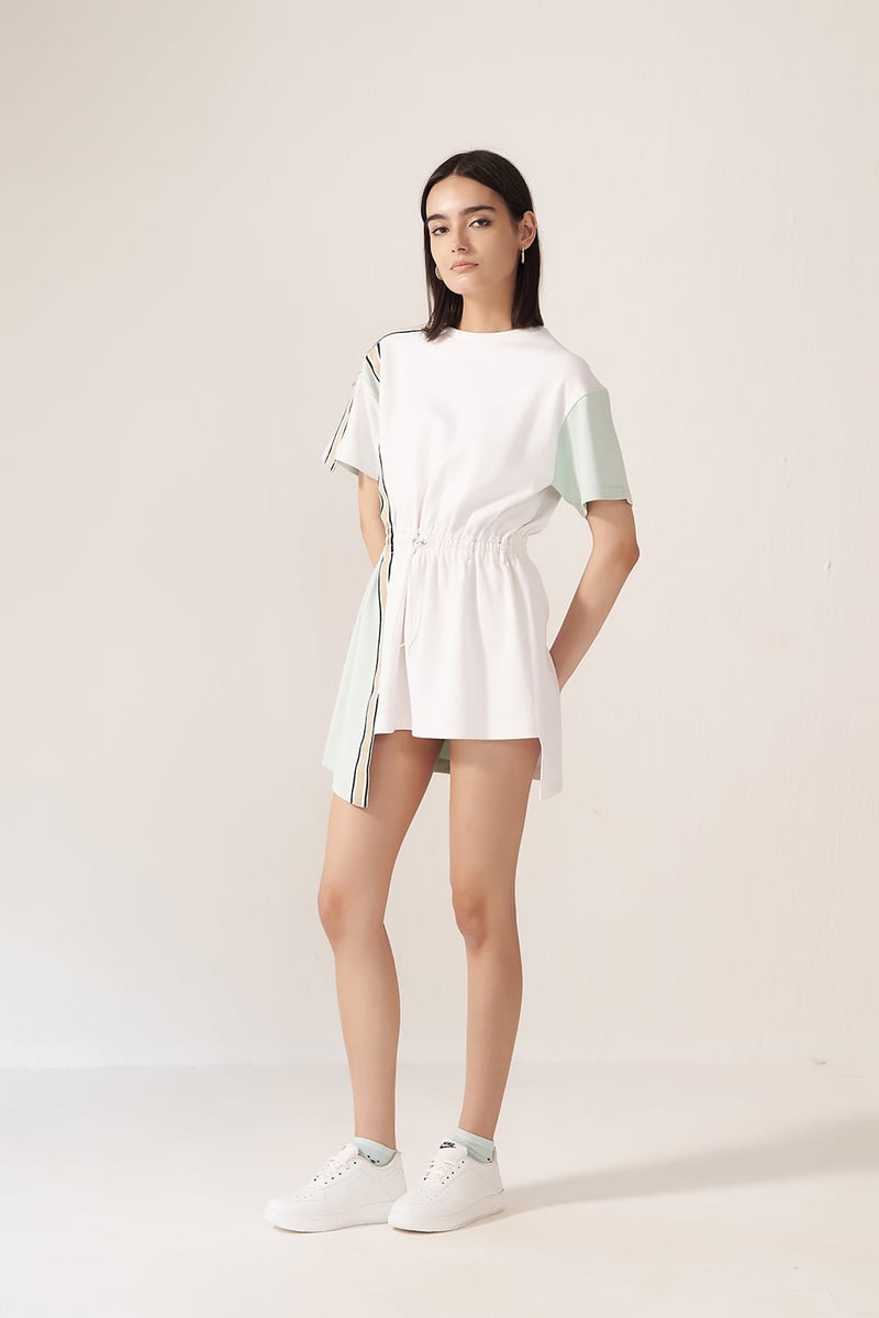 Off-White/Mint Colorblocked T-Shirt Mini Dress