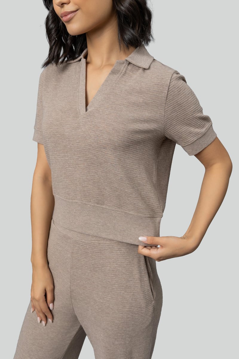 Beige Ottoman Rib Cropped Polo Top
