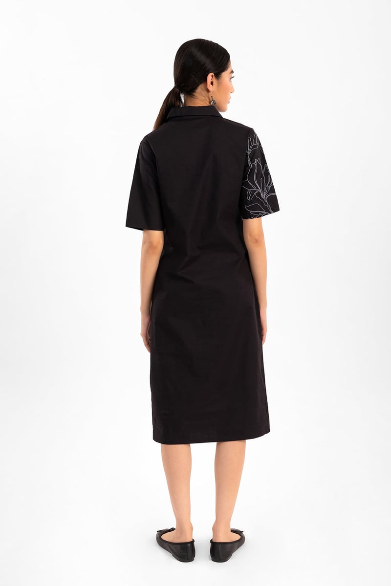 Black Embroidered Collared Midi Dress with Front Slit