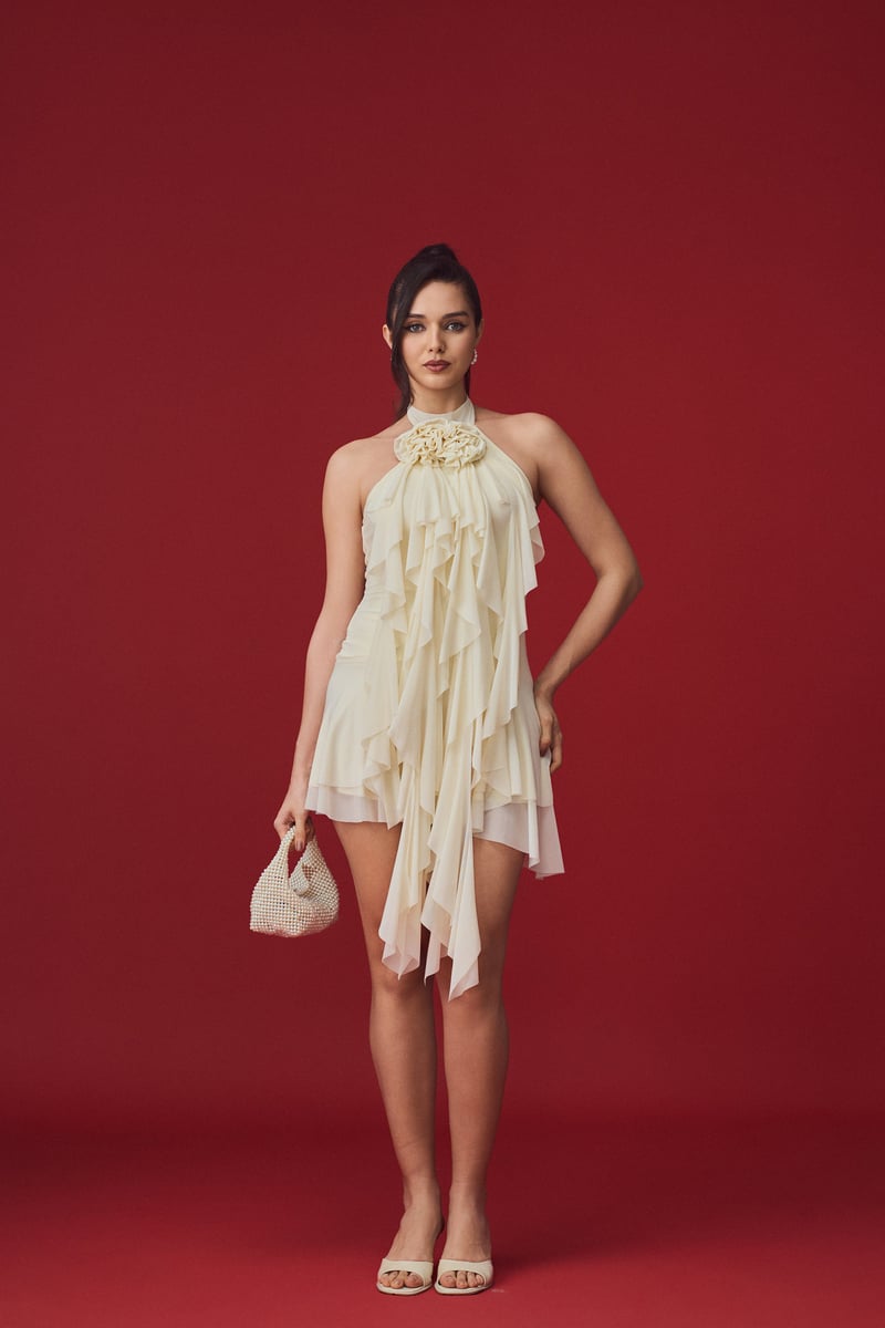 Ivory Halter Mini Dress with Cascading Ruffles