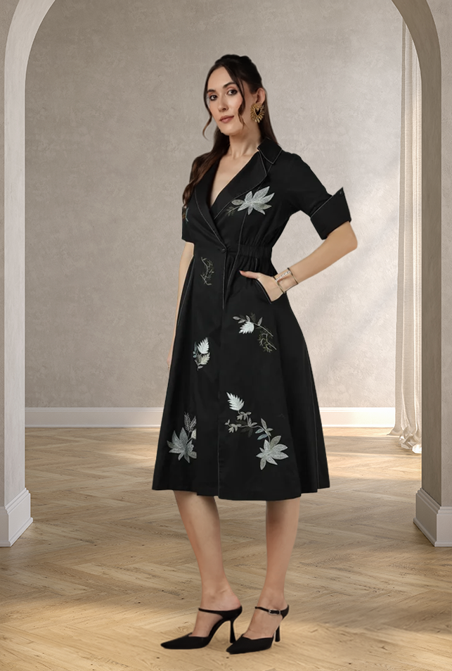 Black Suiting Wrap Midi Dress with Botanical Embroidery — Our Love