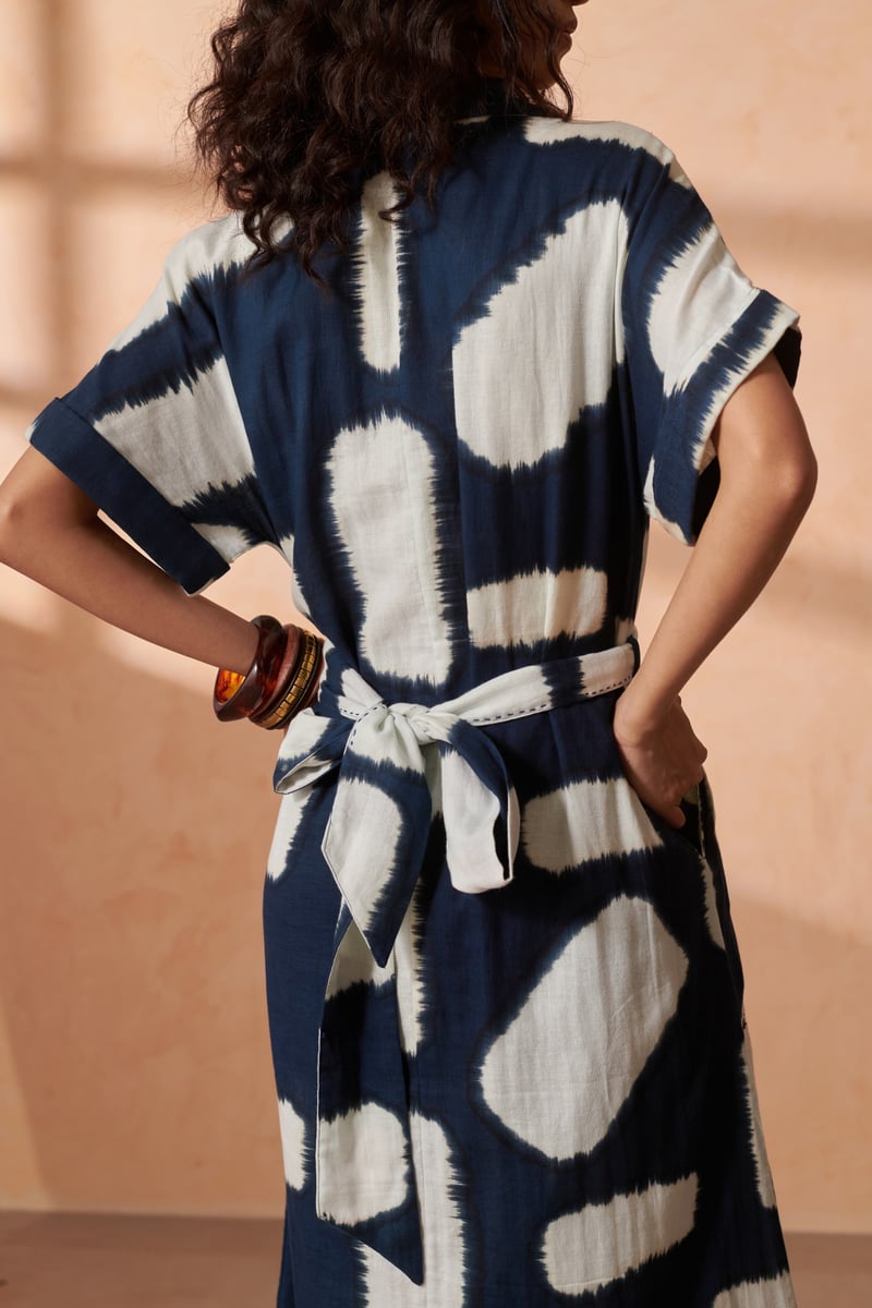 Blue Abstract Print Midi Shirt Dress with Tie Belt