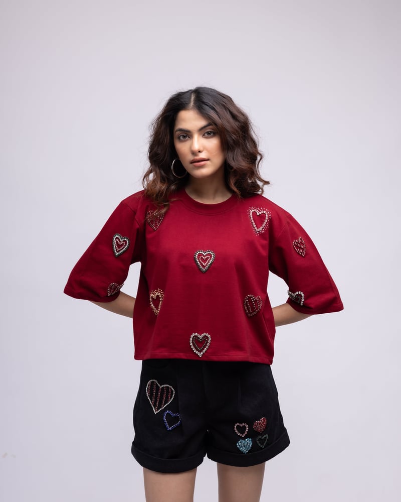Black Denim High-Rise Shorts with Embellished Hearts