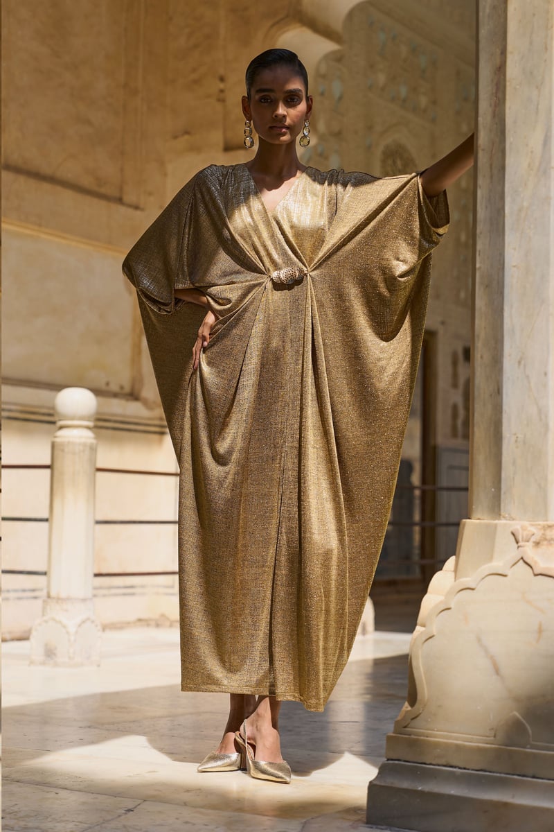 Gold Metallic Draped Maxi Kaftan with V-Neck