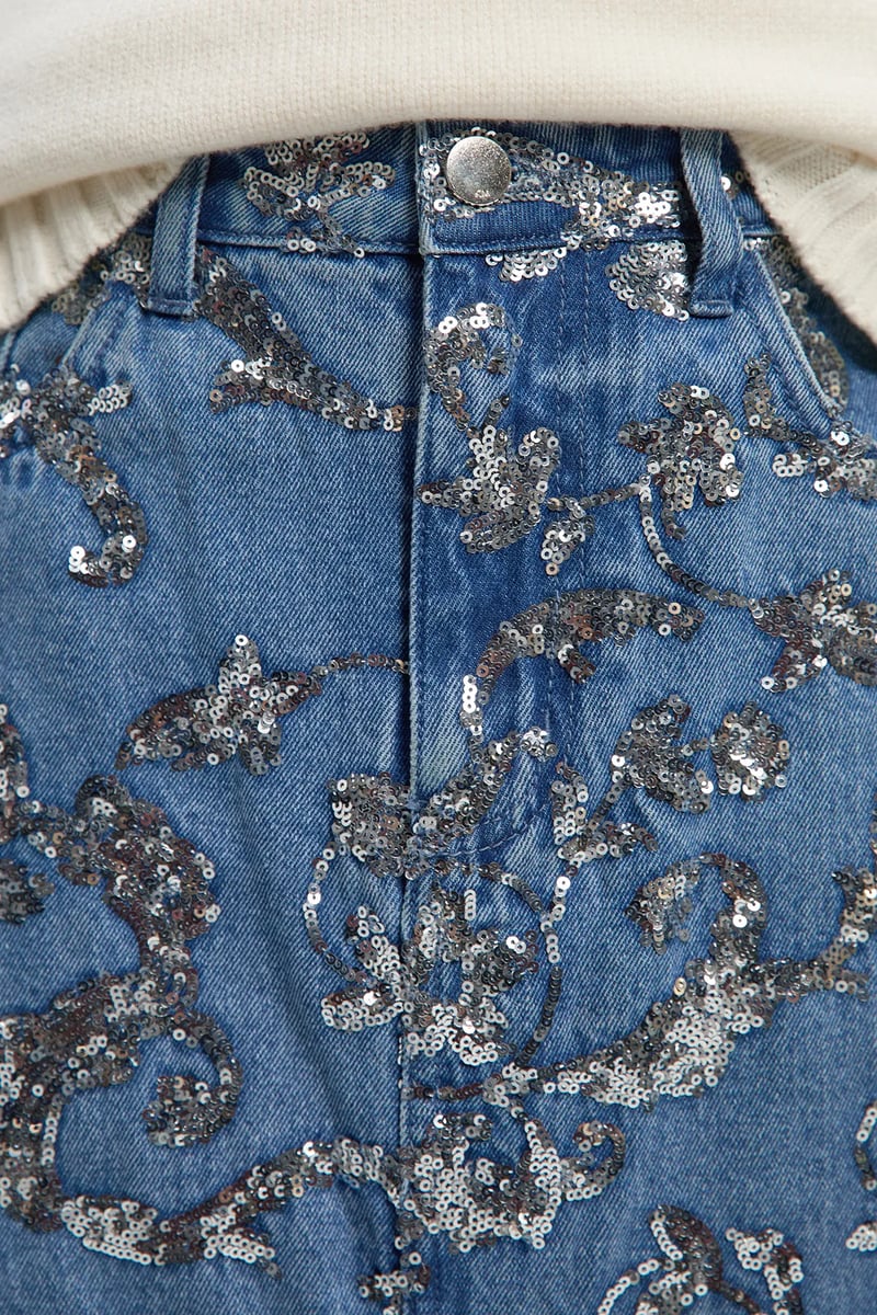 Mid Blue Sequin-Embellished Denim Midi Skirt