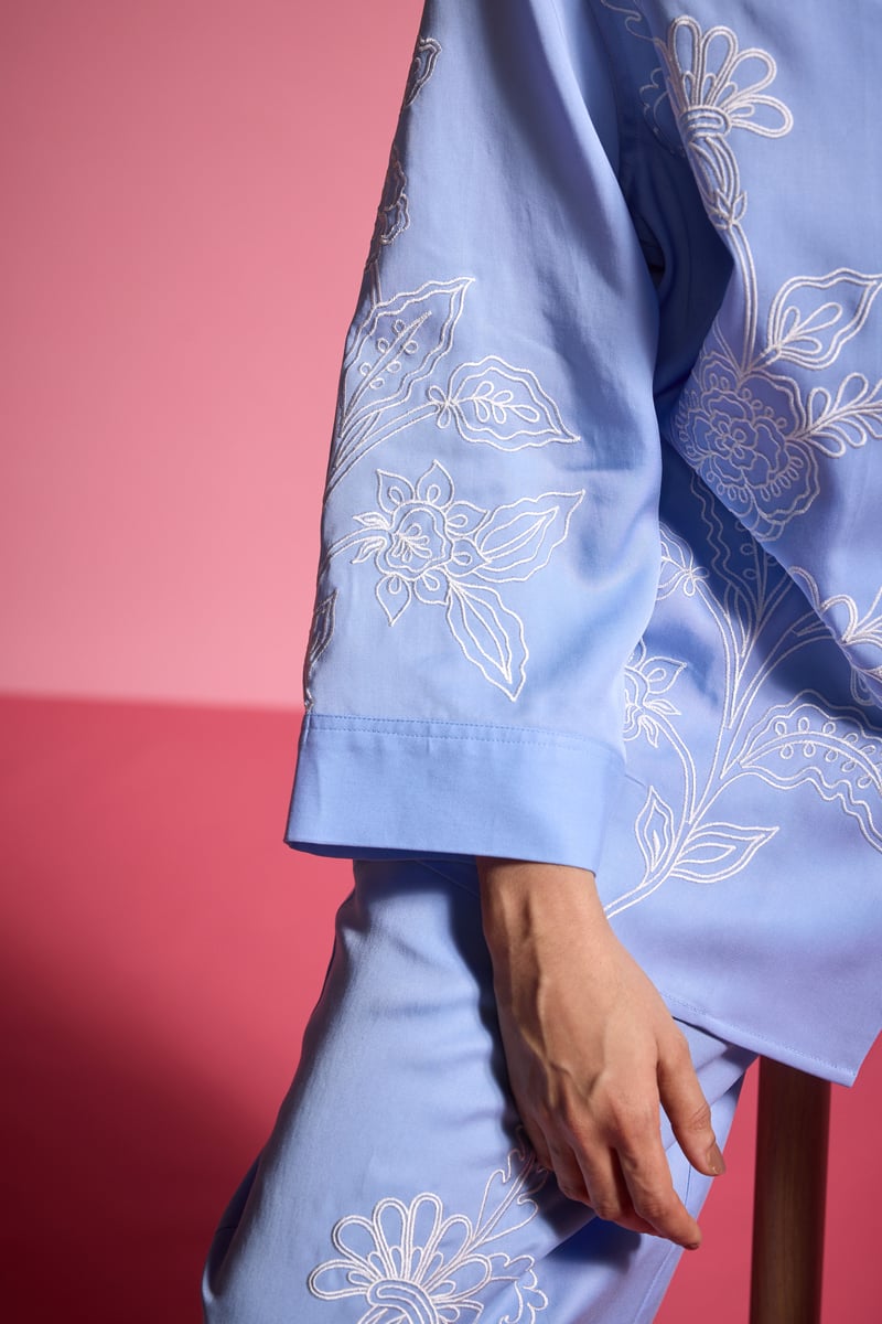 Pastel Blue Tencel Placement Embroidered Relaxed Fit Shirt