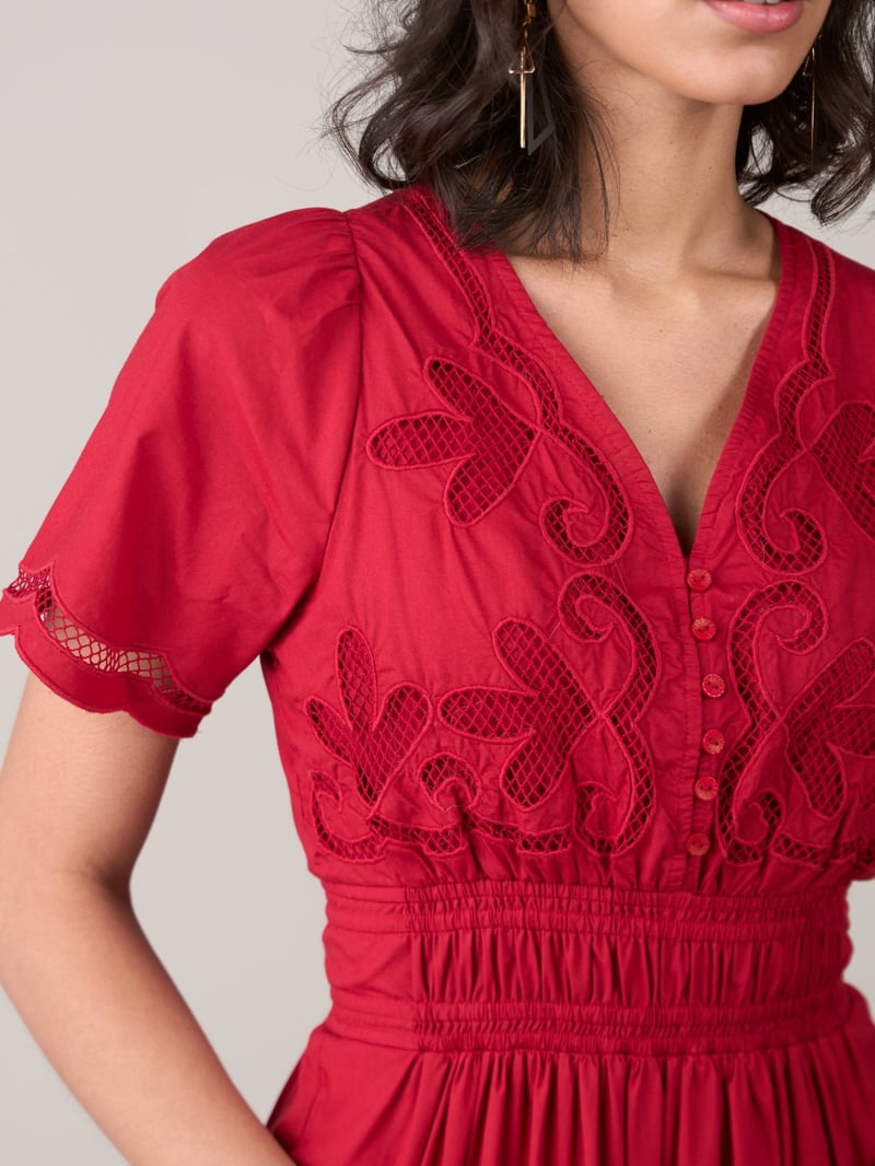 Red Cutwork Tiered Maxi Dress with Smocked Waist