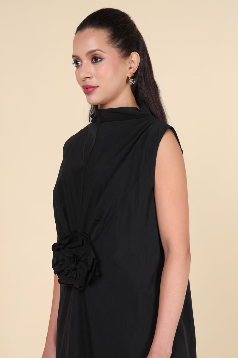 Black High Neck Sleeveless Midi Dress with Waist Rosette