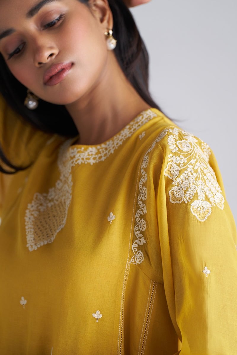 Mango Yellow A-Line Embroidered Kurta Set with Dupatta