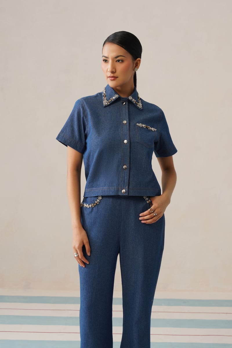 Blue Denim Embellished Collar Co-ord Set