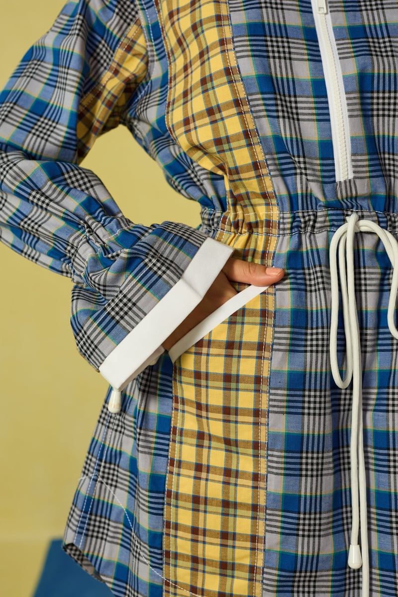 Yellow and Blue Checked Mini Shirt Dress with Half Zip