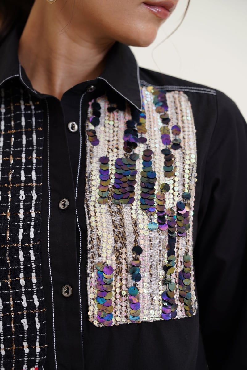 Black Fringe Detail Embellished Button-Down Shirt