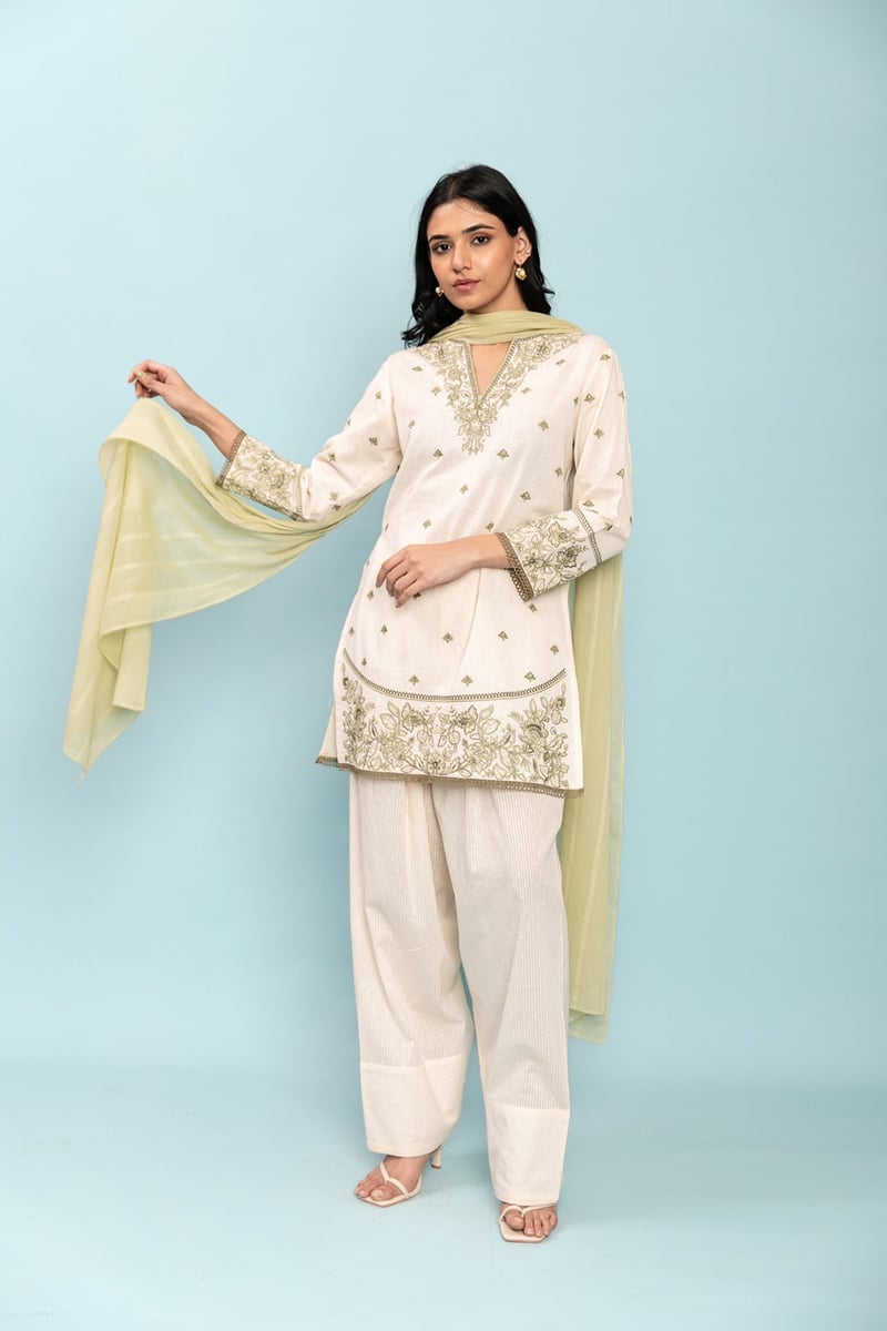 Ivory Short Kurta Set with Green Placement Embroidery