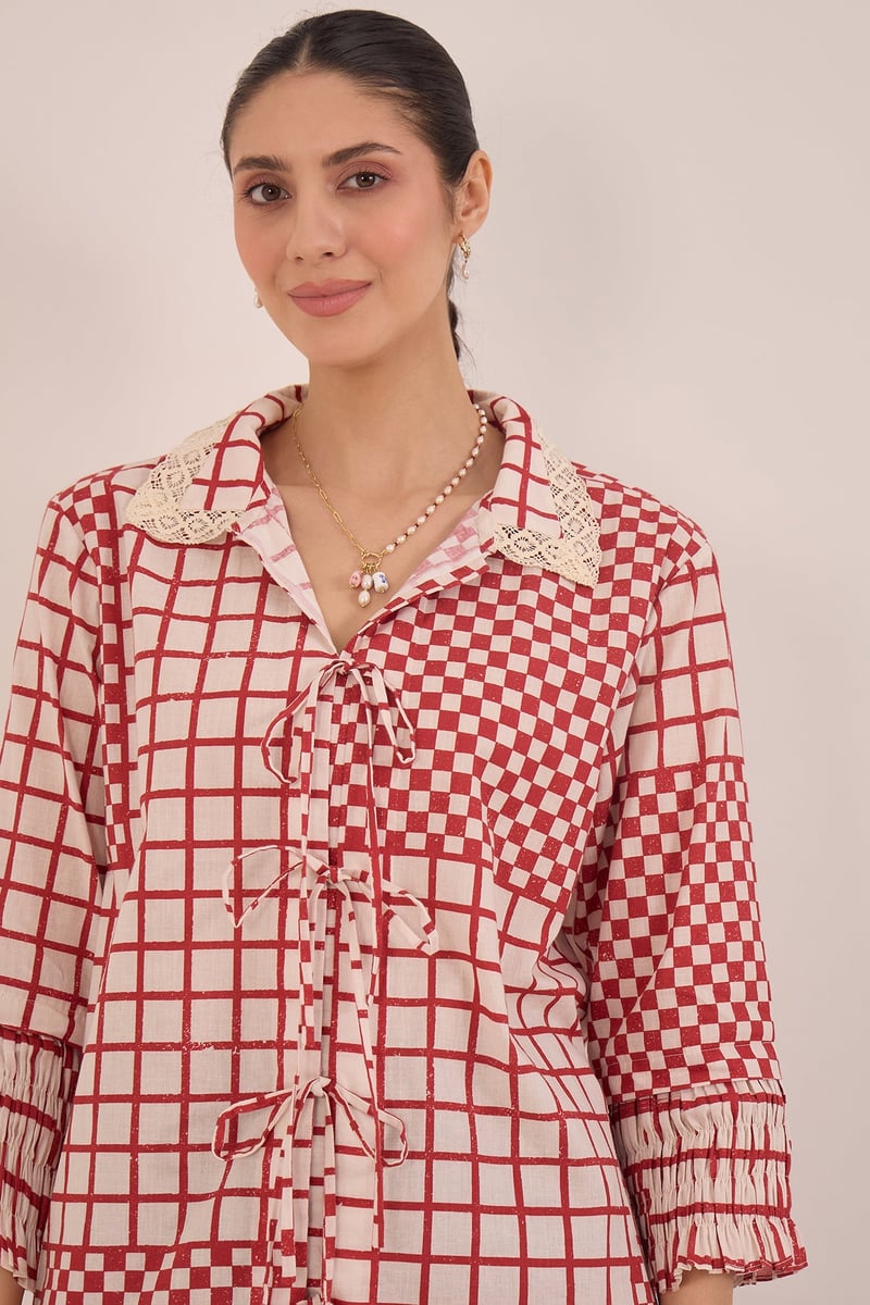 Red and White Patchwork Check Tie-Up Shirt Tunic