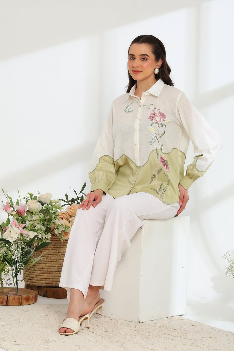 Off White and Sage Colorblocked Embroidered Shirt