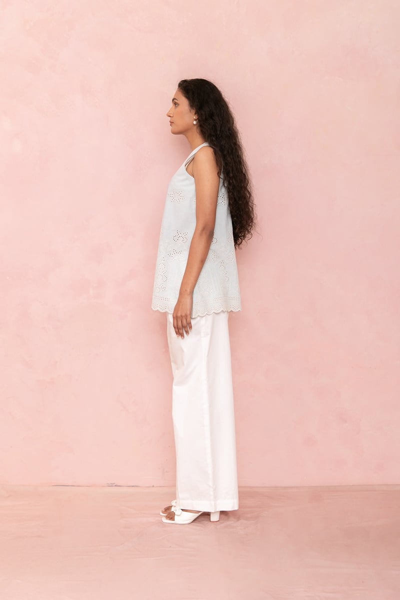 Blue Cotton Cambric Sleeveless V-Neck Embroidered Top