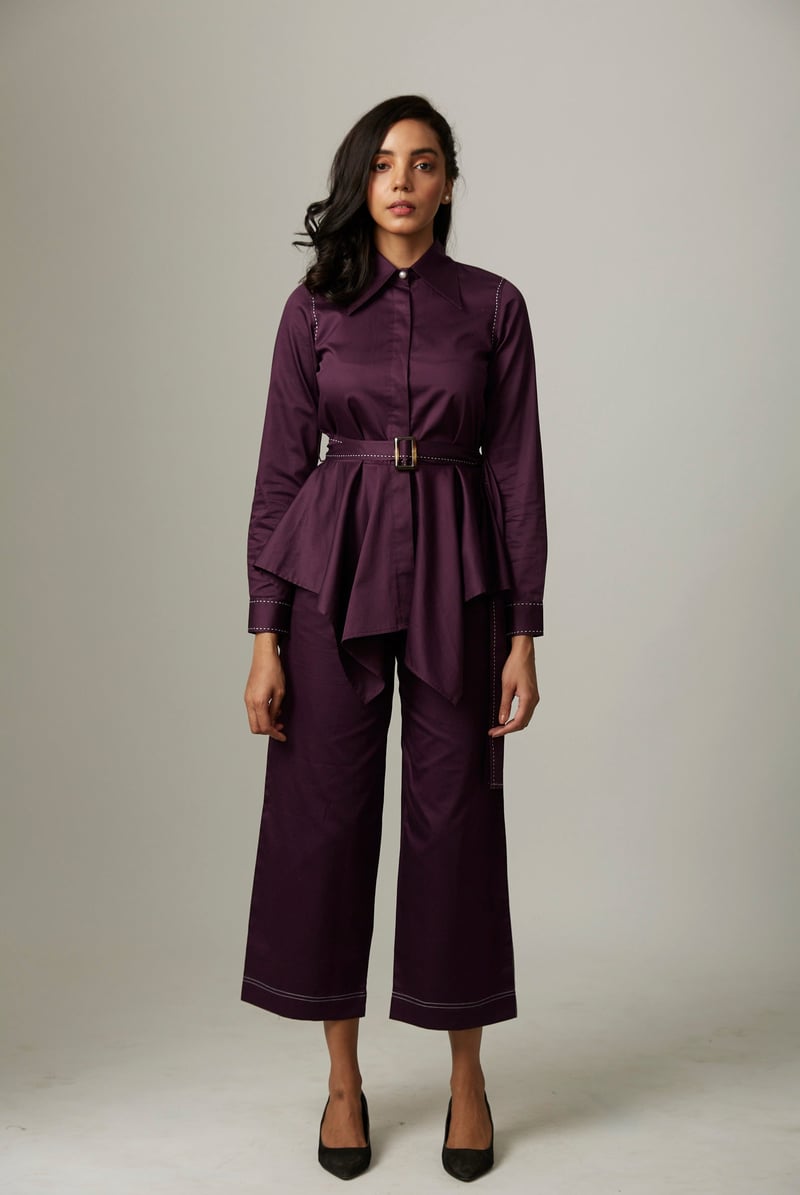 Purple Cotton Satin Shirt and Wide-Leg Pants Co-ord Set