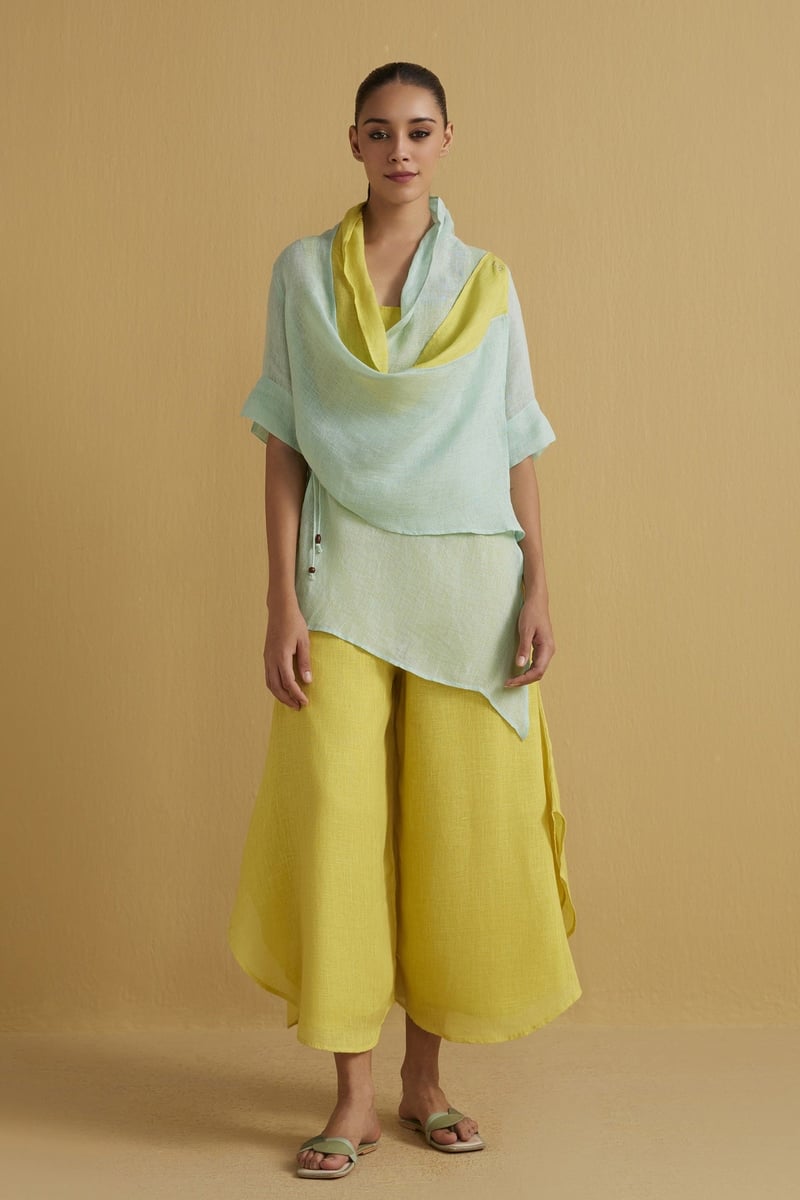 Aqua Gauze Linen Cape with Yellow Contrast Panel