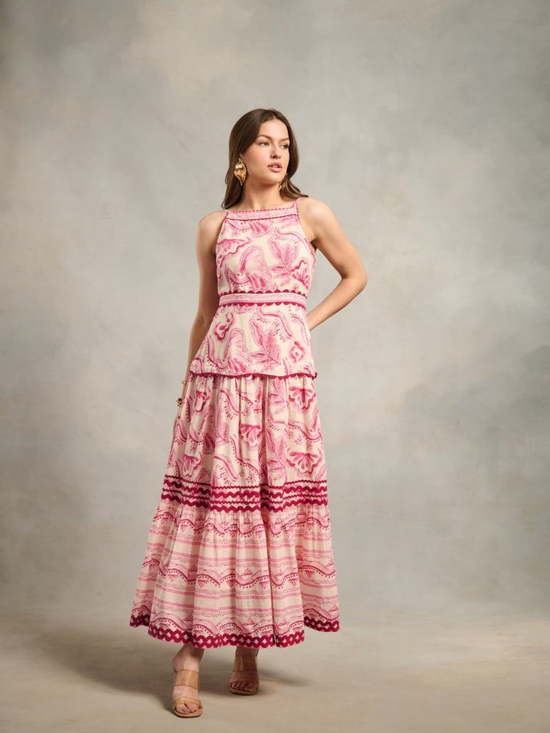 Pink Printed Halter Neck Tiered Maxi Dress