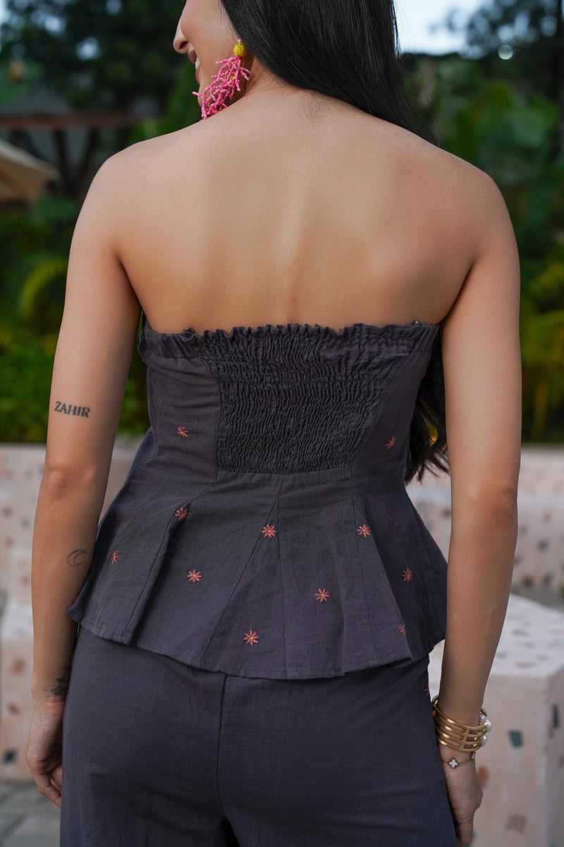 Periscope Blue Linen Embroidered Peplum Tube Top