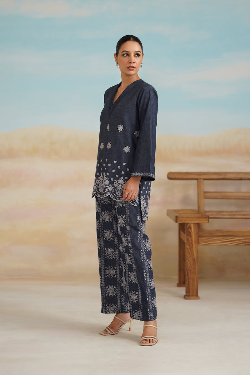 Denim Blue Embroidered Tunic and Wide-Leg Co-ord Set