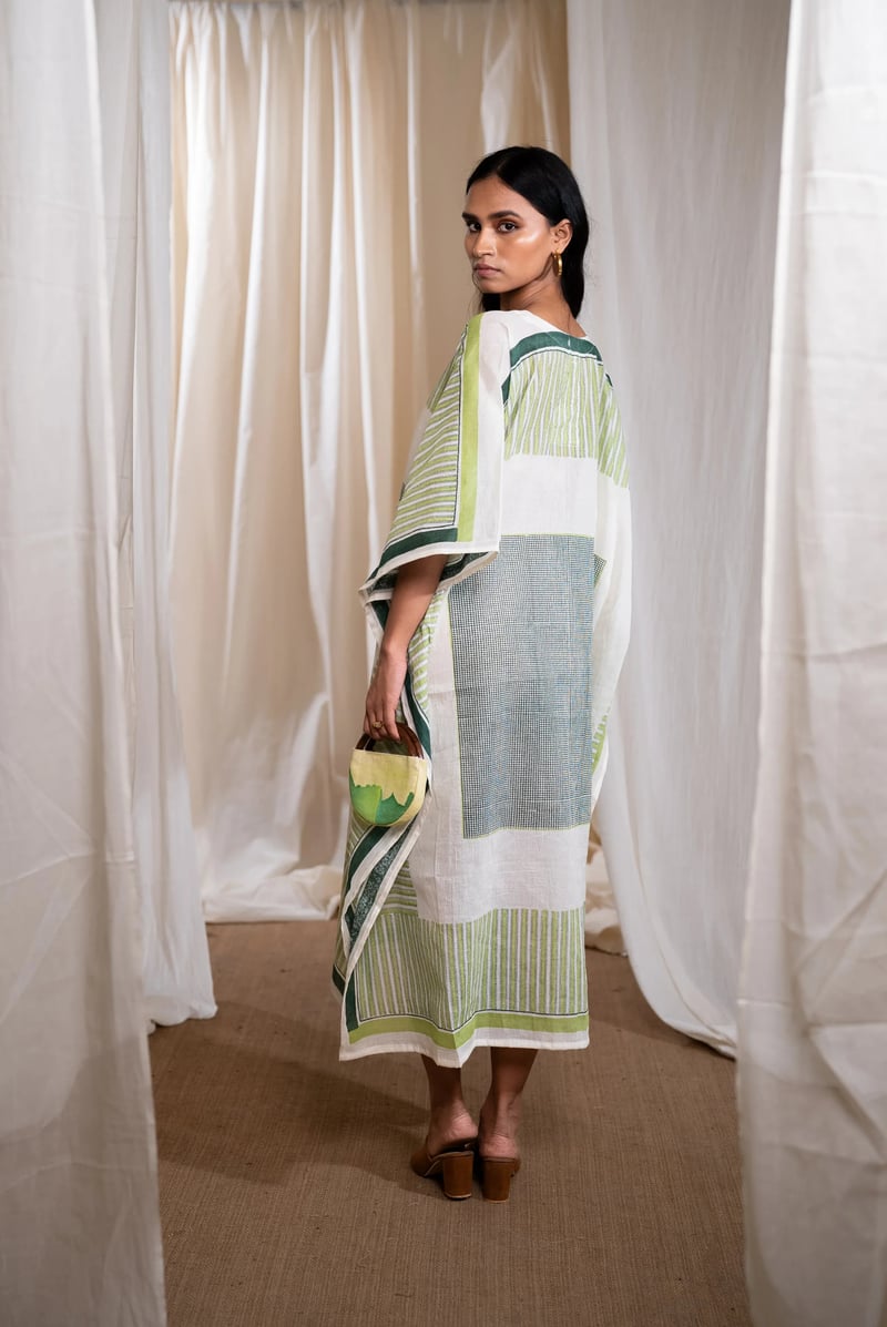White Striped Cotton Kaftan with V-Neck