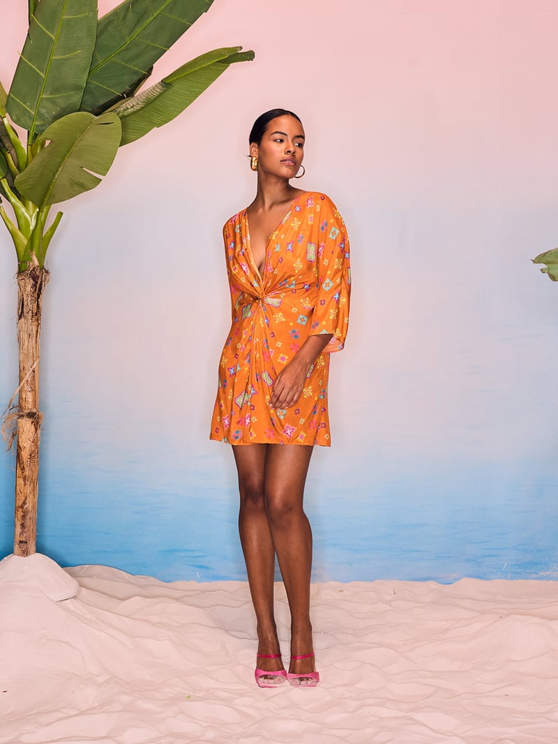 Orange Floral Printed Front Knot Mini Dress