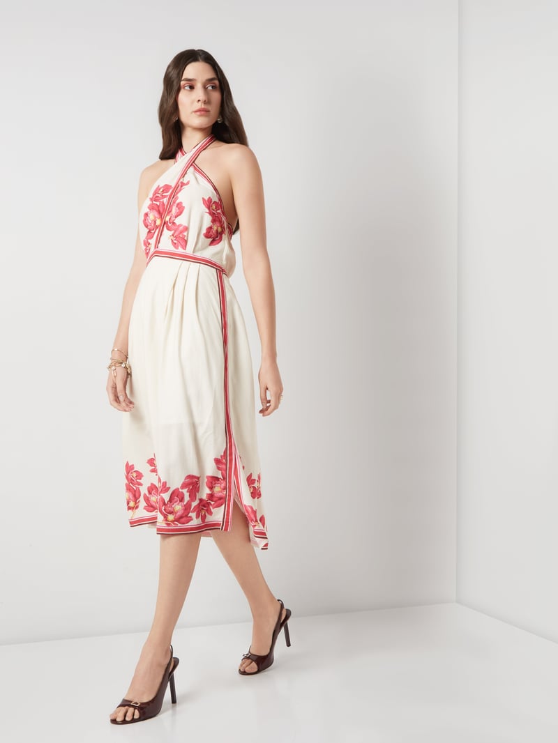 Cream/Pink Floral Halter Fit and Flare Midi Dress
