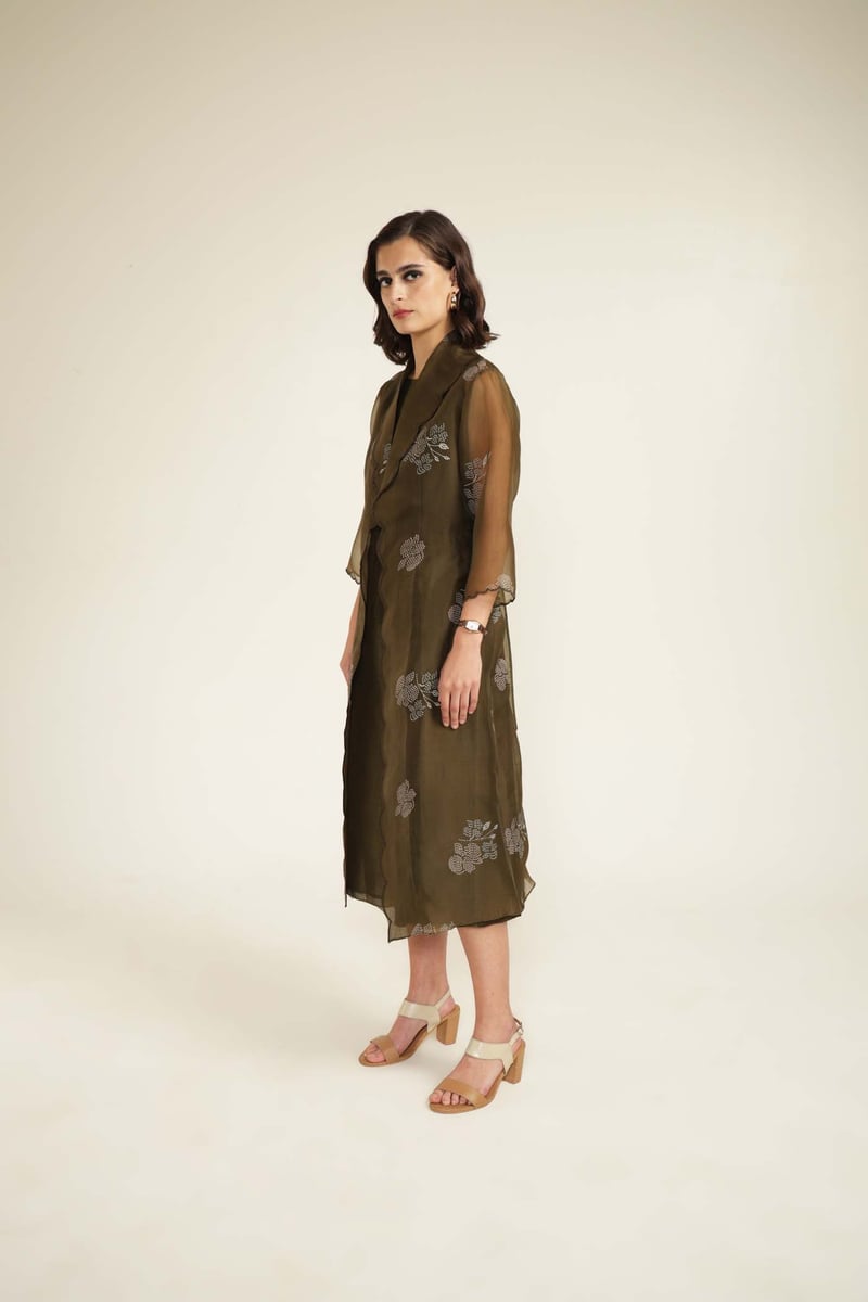 Olive Silk Chanderi Culotte Jumpsuit with Organza Jacket