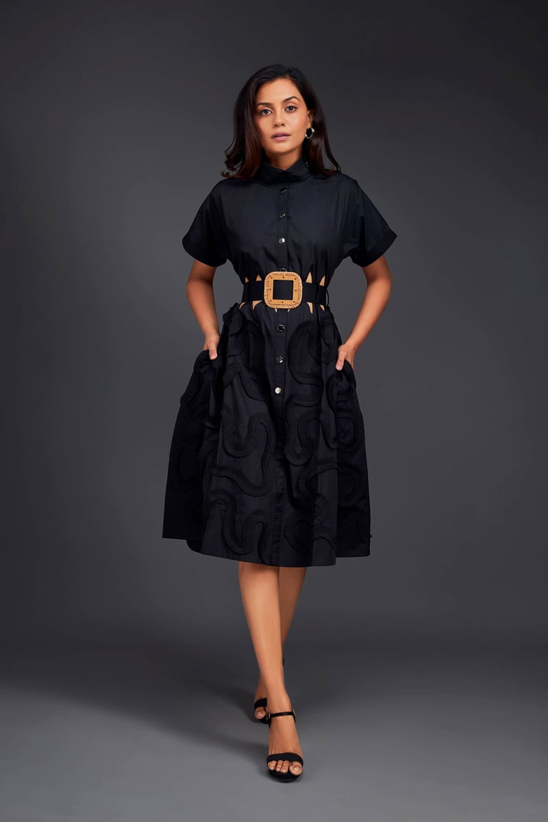 Black Midi Shirt Dress with Belt and Waist Cut-Outs