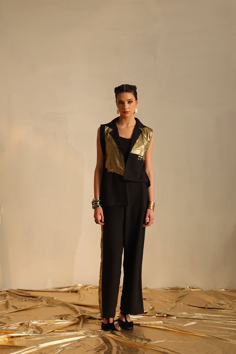Black and Gold Foil Sleeveless Blazer Co-ord Set — EnEch