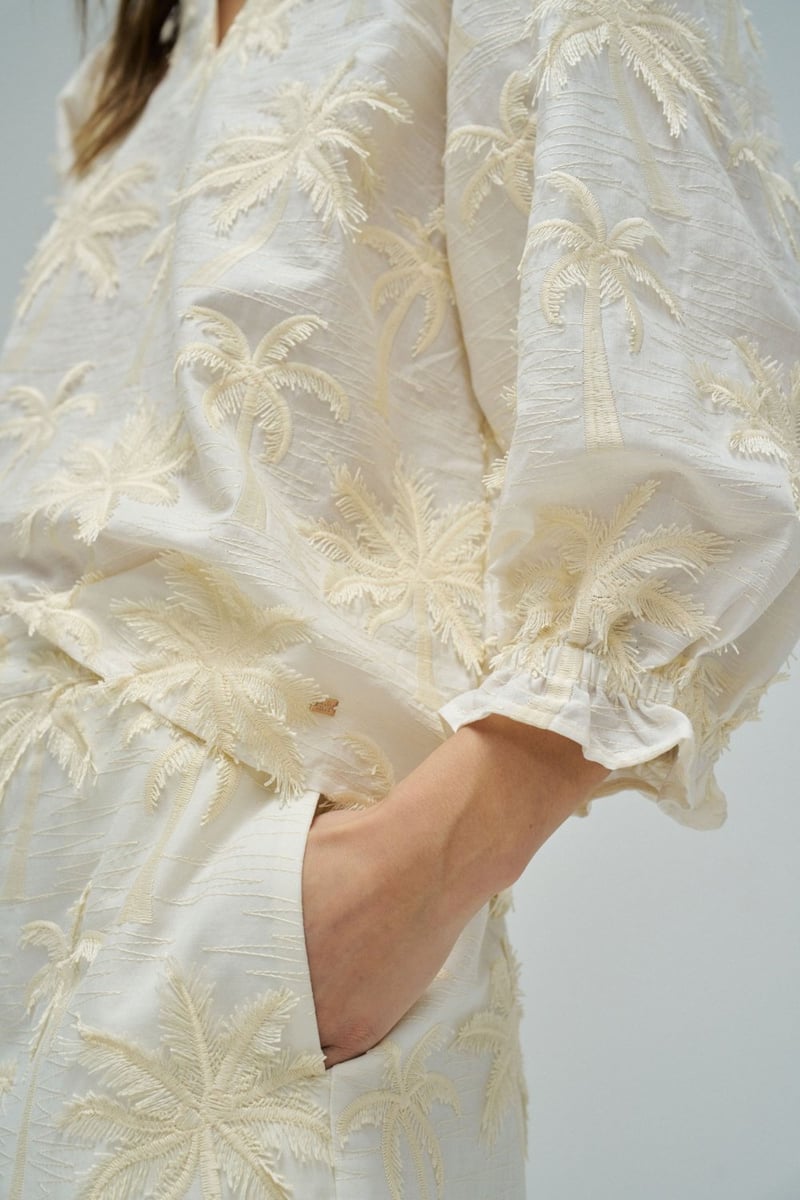 Light Pearl Palm Embroidered V-Neck Top
