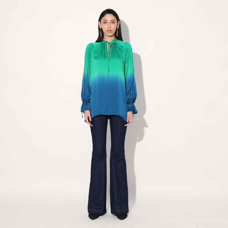 Blue/Green Ombre Viscose Satin Tie-Up Neck Longline Top