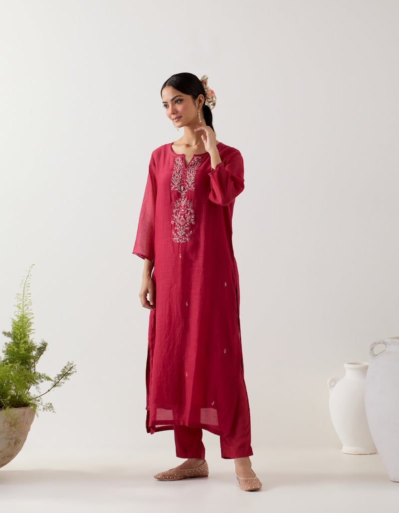 Deep Red Embroidered Straight Kurta Set with Pants