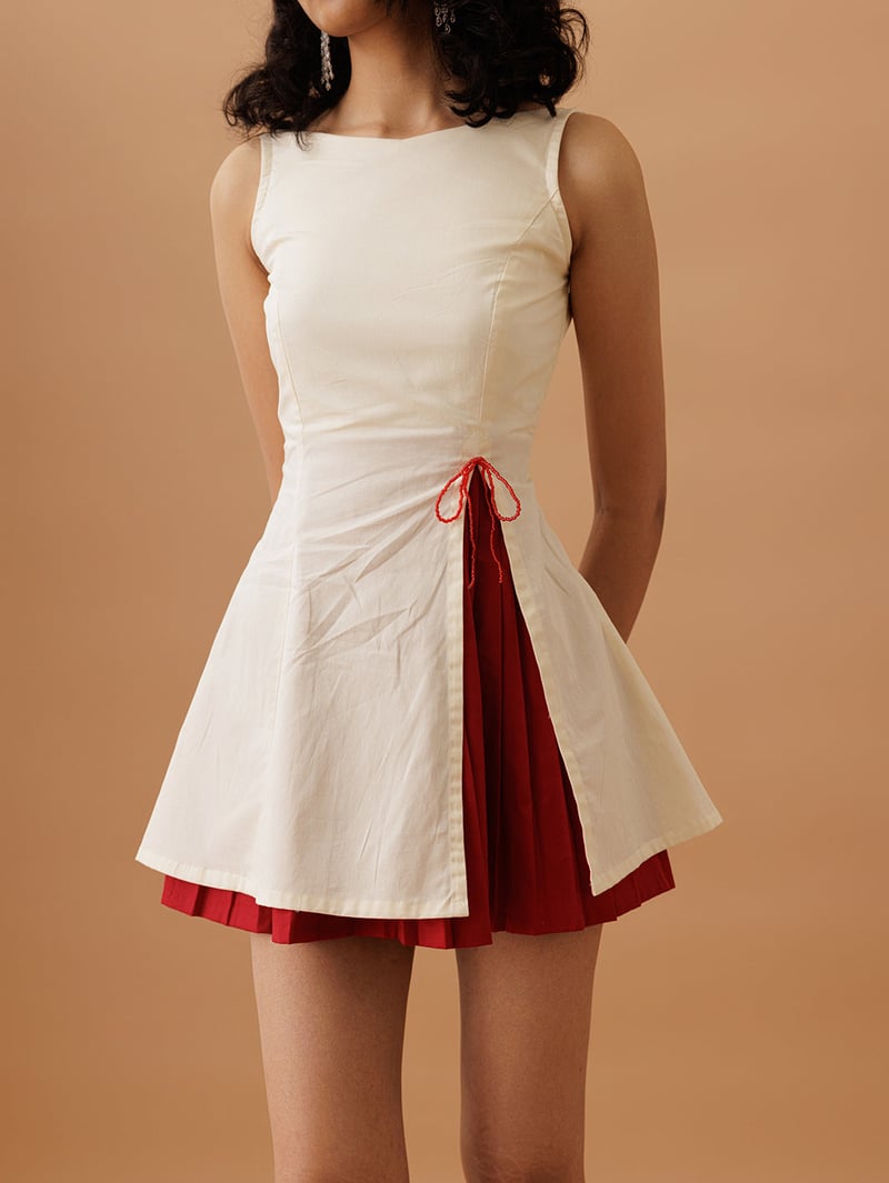 Off-White and Red Colorblock Fit and Flare Mini Dress
