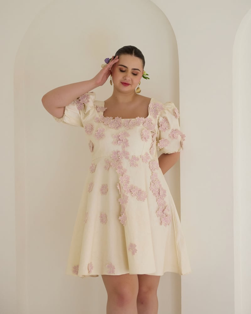 White/Lilac 3D Floral Applique Fit and Flare Mini Dress