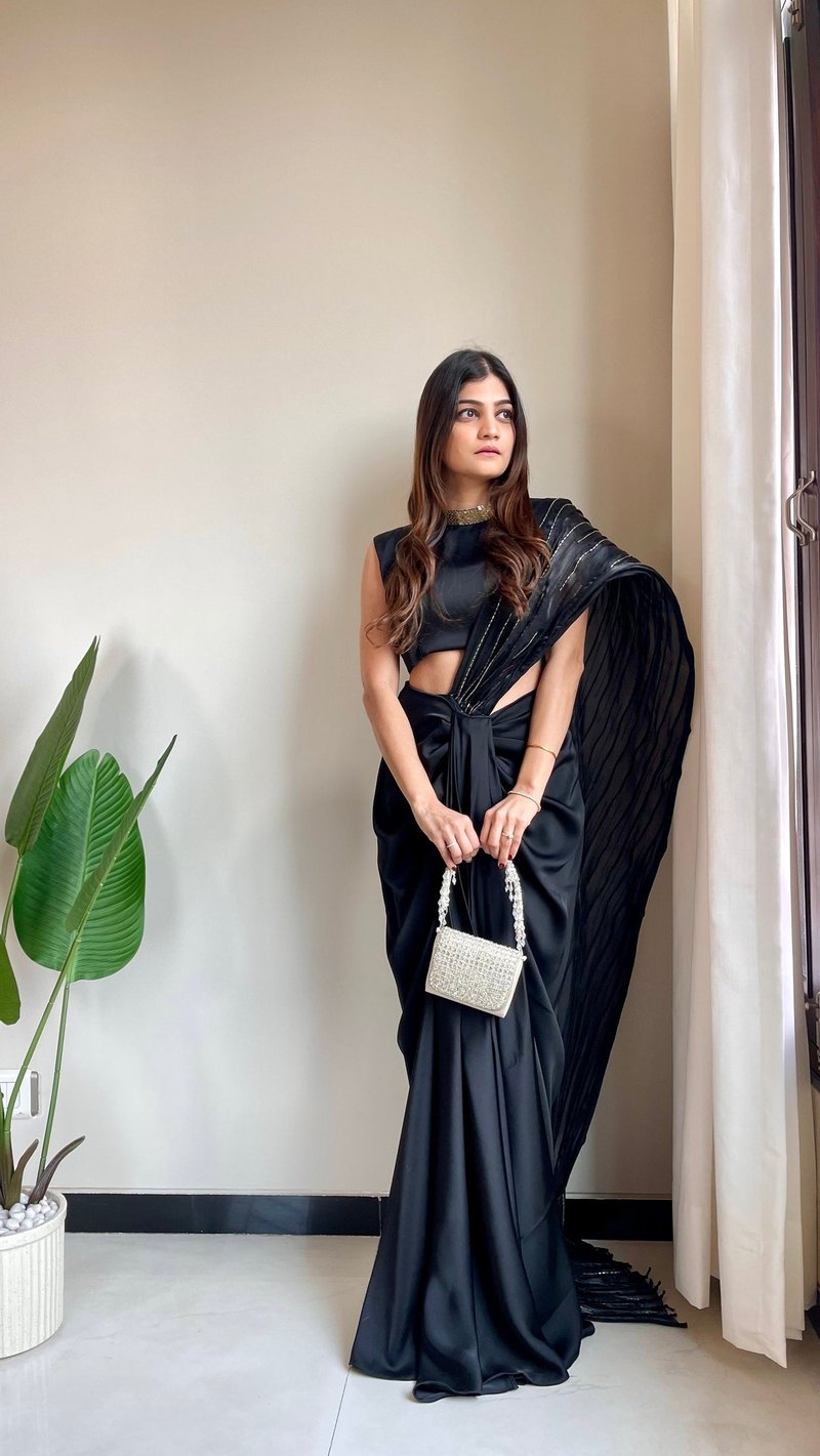 Black Fusion Pre-Draped Saree Set with Structured Palla