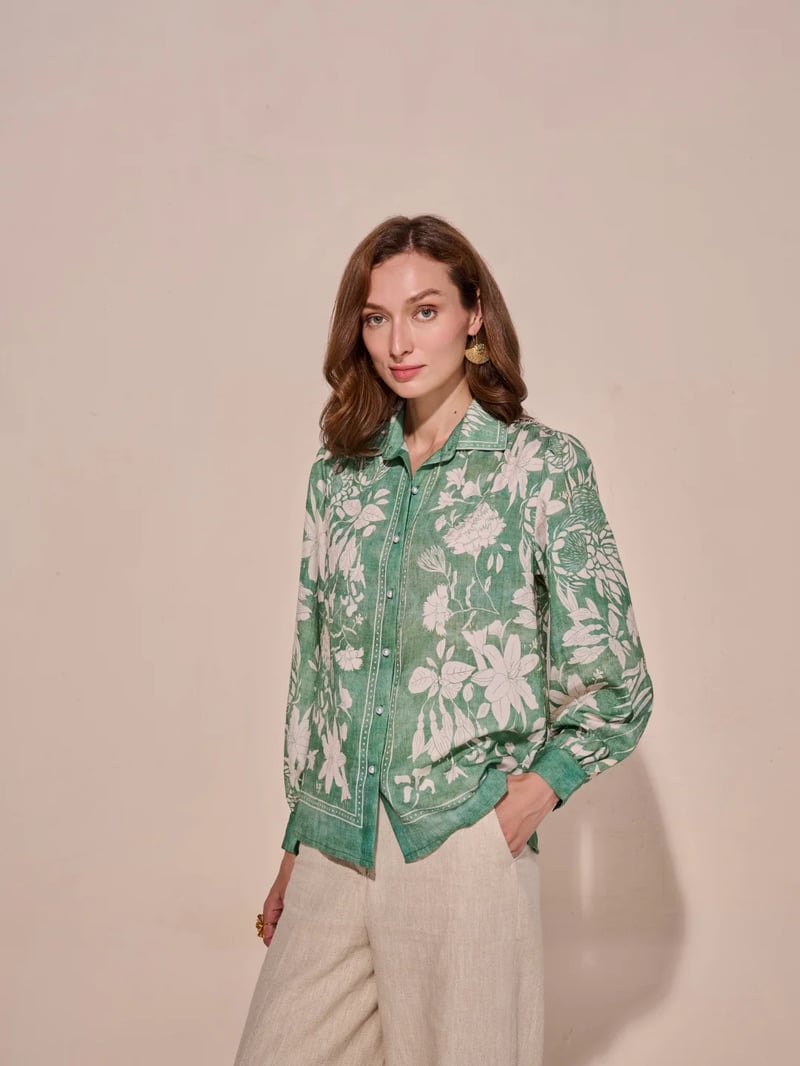 Green Floral Printed Button-Down Shirt